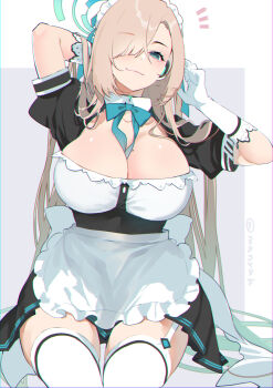 1girl ^^^ apron asuna_(blue_archive) blonde_hair blue_archive blue_eyes blue_halo breasts cleavage garter_straps gloves hair_over_one_eye halo highres large_breasts long_hair looking_at_viewer maid maid_apron maid_headdress manyako_(mohumohu) mole mole_on_breast sitting smile solo thighhighs white_apron white_gloves white_thighhighs