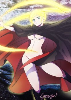 1girl android black_boots black_cape blonde_hair blue_eyes boots breasts cape commentary_request convenient_censoring expressionless full_body gamia_q geo-geo glowing glowing_hair joints large_breasts long_hair looking_at_viewer mazinger_(series) mazinger_z naked_cape nude red_cape ringed_eyes robot_joints shin_mazinger_shougeki!_z-hen twintails two-sided_cape two-sided_fabric very_long_hair