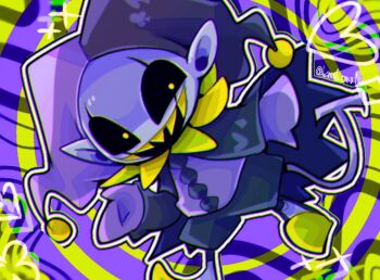 1boy abstract_background black_capelet black_hat black_mouth black_sclera black_shorts buttons capelet chromatic_aberration club_(shape) colored_sclera colored_skin commentary_request constricted_pupils deltarune flower foot_out_of_frame gloves hat heart jester_cap jevil kimoti_omoti looking_at_viewer male_focus open_mouth outline pointy_ears purple_background purple_gloves purple_hat purple_shirt purple_skin scar_across_eyes sharp_teeth shirt shorts simple_background smile solo tail teeth twitter_username two-tone_headwear upper_teeth_only utdr_(toby_fox) white_outline yellow_background yellow_eyes yellow_flower