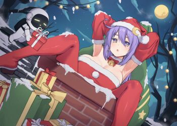 1girl :o armpits arms_behind_head bare_tree bell boots bow bowtie box breasts chimney cleavage cloud collar commentary commission detached_sleeves double-parted_bangs dress earrings english_commentary full_moon fur-trimmed_dress fur-trimmed_headwear fur-trimmed_sleeves fur_collar fur_trim gift gift_box gradient_eyes hair_between_eyes hat holding holding_sack hololive hololive_indonesia jewelry jitome kangbus large_breasts long_hair long_sleeves looking_at_viewer moon moona_hoshinova moonabito_(moona_hoshinova) multicolored_eyes neck_bell night open_mouth outdoors pom_pom_(clothes) purple_eyes purple_hair red_boots red_bow red_bowtie red_dress red_hat sack santa_costume santa_hat second-party_source single_earring sleeveless sleeveless_dress snow solo strapless strapless_dress stuck thigh_boots tree virtual_youtuber white_collar yellow_eyes