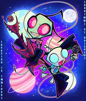 2boys alien colored_skin electric_guitar gir_(invader_zim) gir_(robot)_(invader_zim) green_skin guitar holding holding_microphone instrument invader_zim linterteatime looking_at_viewer microphone multiple_boys no_humans open_mouth planet robot shirt smile toon_(style) zim_(invader_zim)