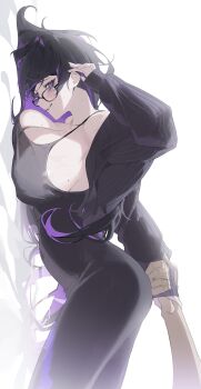1boy 1girl absurdres bags_under_eyes black-framed_eyewear black_cardigan black_dress black_hair blush breasts cardigan commentary_request covered_navel dress g5_(g5_gugu) glasses goddess_of_victory:_nikke highres holding_hands huge_breasts label_(nikke) long_hair looking_at_viewer mole mole_on_breast multicolored_hair out_of_frame purple_hair sideboob smile solo_focus streaked_hair sweat very_long_hair