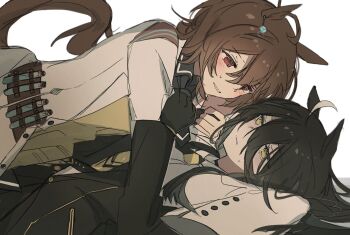 2girls agnes_tachyon_(tach-nology)_(umamusume) agnes_tachyon_(umamusume) ahoge animal_ears black_coat black_gloves black_hair black_shirt brown_hair chemical_structure clothes_grab coat coat_grab earrings gloves grabbing_another&#039;s_arm hair_between_eyes hair_flowing_over hair_spread_out horse_ears horse_girl horse_tail huge_ahoge jewelry lab_coat light_frown long_bangs long_hair long_hair_between_eyes long_sleeves looking_at_another lying manhattan_cafe_(creeping_black)_(umamusume) manhattan_cafe_(umamusume) medium_hair multicolored_hair multiple_girls necktie on_back open_clothes open_coat parted_lips red_eyes seri_(vyrlw) shirt simple_background single_earring smile sweatdrop sweater tail test_tube umamusume very_long_hair white_background white_coat white_hair yellow_eyes yellow_necktie yellow_sweater yukadon yuri