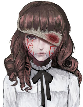 1girl absurdres bandage_over_one_eye bandages black_ribbon blood bloody_bandages brown_hair closed_mouth commentary face_piercing facial_mark fear_&amp;_hunger_(series) fear_&amp;_hunger_2:_termina frilled_shirt_collar frills highres lips long_hair looking_at_viewer marina_(fear_&amp;_hunger) maruma_(zkjg8542) mouth_piercing neck_ribbon piercing purple_eyes revision ribbon shirt solo straight-on upper_body white_background white_shirt