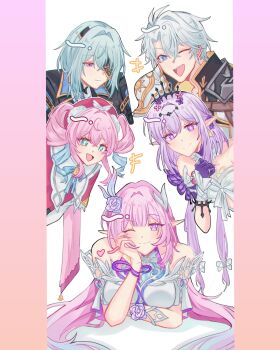 2boys 3girls ;) absurdres anaxa_(honkai:_star_rail) aqua_hair black_coat blue_eyes breasts castorice_(honkai:_star_rail) coat commentary cyrene_(demiurge)_(honkai:_star_rail) cyrene_(honkai:_star_rail) dress english_commentary epaulettes eyepatch flower gelpheniumu green_hair hair_flower hair_ornament hat highres honkai:_star_rail honkai_(series) hyacine_(honkai:_star_rail) large_breasts long_hair looking_at_viewer medium_breasts medium_hair multicolored_hair multiple_boys multiple_girls one_eye_closed phainon_(honkai:_star_rail) pink_hair pointy_ears purple_eyes purple_hair red_dress red_hat short_hair single_epaulette smile tiara twintails two-tone_hair very_long_hair white_coat white_dress white_hair