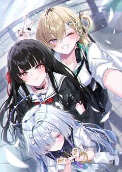 3girls black_choker black_hair black_jacket black_nails black_skirt blonde_hair breasts chisa_(wuthering_waves) choker chromatic_aberration closed_mouth collarbone commentary_request earrings fingernails grey_hair grin hair_ornament hair_over_one_eye hair_ribbon halo hand_up hands_up headphones headphones_around_neck highres id_card jacket jewelry kuramoto_beta-carotene long_hair looking_at_viewer lynae_(wuthering_waves) medium_breasts mole mole_under_eye mornye_(wuthering_waves) multiple_girls nail_polish one_eye_closed purple_eyes red_eyes red_ribbon ribbon sailor_collar shirt skirt skull_hair_ornament smile star_(symbol) star_earrings v white_jacket white_sailor_collar white_shirt wuthering_waves