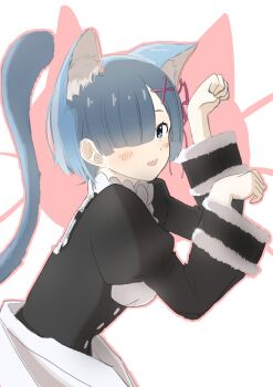 1girl :d animal_ear_fluff animal_ears black_dress black_sleeves blue_eyes blue_hair blush breasts cat_ears cat_girl cat_tail dress fang from_side fur-trimmed_sleeves fur_trim hair_ornament hair_over_one_eye hair_ribbon highres juliet_sleeves kemonomimi_mode long_sleeves looking_at_viewer maid mwpy7327 open_mouth paw_pose pink_ribbon puffy_sleeves re:zero_kara_hajimeru_isekai_seikatsu rem_(re:zero) ribbon roswaal_mansion_maid_uniform short_hair smile solo tail tail_raised upper_body white_background x_hair_ornament