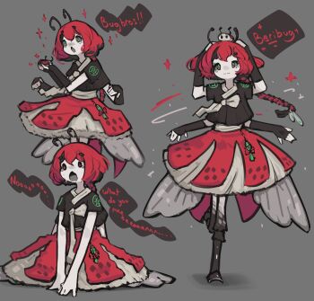 1girl :3 :o antennae beri_(beribug) black_gloves black_shirt black_shoes blush bug character_name closed_mouth commentary crossed_bangs elbow_gloves english_commentary english_text extra_arms fingerless_gloves gloves green_eyes grey_background hair_between_eyes highres holding_bug indie_virtual_youtuber insect insect_on_head insect_wings kneeling ladybug ladybug_girl layered_skirt leggings mino_dev multiple_views neck_ribbon nose_blush open_mouth raised_inner_eyebrows red_eyes red_hair red_skirt ribbon shirt shoes short_hair short_sleeves simple_background sitting skirt sparkle speech_bubble split_mouth standing tearing_up virtual_youtuber white_leggings white_ribbon white_skirt wings