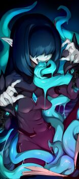 1girl absurdres black_nails blue_hair blue_lips blue_tongue book broken broken_chain chain colored_tongue covered_navel cuffs female_focus fingernails gem hair_over_eyes highres long_fingernails long_hair long_tongue nail_polish open_book open_mouth original pale_skin pointy_ears shackles sharp_fingernails smile solo summoning teeth testicles tongue tongue_out venusflower