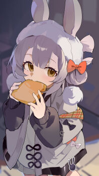 1girl absurdres animal_ears arknights beanie blurry blurry_background bow brown_eyes commentary_request depth_of_field ears_through_headwear eating food grey_hair grey_jacket grey_skirt hat highres holding holding_food jacket long_sleeves looking_at_viewer orange_bow pleated_skirt puffy_long_sleeves puffy_sleeves rabbit_ears shirt skirt solo teketi warmy_(arknights) warmy_(warm_velvet_at_the_corner)_(arknights) white_hat white_shirt