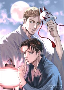2boys absurdres black_hair blonde_hair blue_eyes erwin_smith finger_to_mouth fox_mask full_moon furrowed_brow highres holding holding_mask japanese_clothes lantern levi_(shingeki_no_kyojin) light_smile looking_at_viewer male_focus mask moon mskei multiple_boys parted_bangs parted_lips shingeki_no_kyojin swept_bangs thick_eyebrows twitter_username upper_body