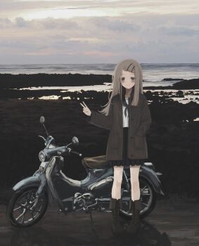 1girl absurdres black_boots black_neckerchief black_sailor_collar black_skirt blonde_hair boots brown_coat brown_eyes closed_mouth cloud cloudy_sky coat colored_eyelashes commentary flipped_hair full_body gakuen_idolmaster grey_sky hair_ornament hairclip hand_in_pocket hatsuboshi_gakuen_school_uniform highres honda honda_super_cub horizon idolmaster long_hair long_sleeves looking_at_viewer motor_vehicle motorcycle neckerchief ocean open_clothes open_coat parallel_hairclips pleated_skirt road sailor_collar school_uniform serafuku shinosawa_hiro shirt shore skirt sky smile solo split_mouth standing swept_bangs timesoe v white_shirt