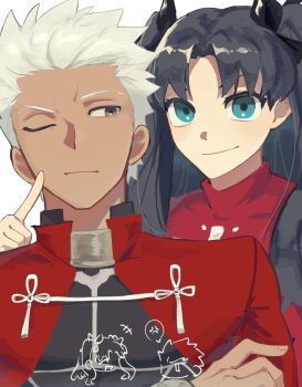 Rule 34 | 1boy, 1girl, archer (fate), black hair, blue eyes, blush, cheek poking, dark-skinned male, dark skin, fate/stay night, fate (series), hair ribbon, hashtag-only commentary, highres, long hair, long sleeves, looking at viewer, nikumiso000, one eye closed, poking, ribbon, shirt, simple background, smile, tohsaka rin, two side up, upper body, white background, white hair