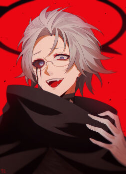 1boy aotsuki_eito aquam0n1ca artist_name black_cloak black_halo blood bloodshot_eyes bloody_tears blurry blurry_background cloak commentary evil_grin evil_smile eyeliner glasses gloves grey_hair grin halo hand_up highres last_defense_academy_school_uniform looking_at_viewer makeup male_focus mismatched_eyes official_alternate_hairstyle purple_eyes red_background red_eyeliner school_uniform short_hair smile solo spoilers teeth the_hundred_line_-last_defense_academy- upper_body white_gloves