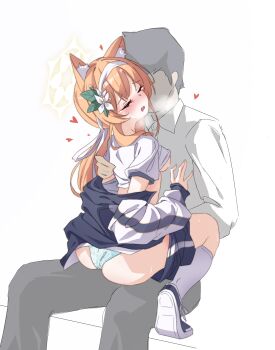 1boy 1girl absurdres akazaki_emu animal_ear_fluff blue_archive closed_eyes clothes_pull commentary_request couple flower gym_shirt gym_shorts gym_uniform hair_flower hair_ornament hairband halo heart hetero highres implied_sex jacket long_hair mari_(blue_archive) mari_(track)_(blue_archive) multicolored_jacket official_alternate_costume open_clothes open_jacket orange_hair panties shirt shirt_pull shorts shorts_pull sitting sitting_on_lap sitting_on_person straddling track_jacket two-tone_jacket underwear upright_straddle white_flower white_hairband yellow_halo