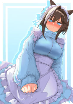 1girl absurdres alternate_costume animal_ears apron blue_eyes blue_jacket blue_skirt blush breasts brown_hair cheval_grand_(umamusume) closed_mouth commentary_request hair_between_eyes highres horse_ears horse_girl jacket jersey_maid kichi_tik large_breasts maid maid_apron maid_headdress short_hair skirt solo umamusume unconventional_maid