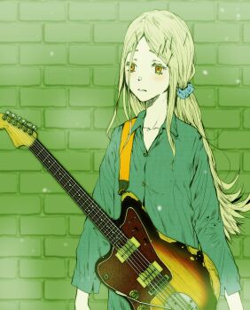 1girl absurdres brick_wall collared_shirt commentary_request electric_guitar expressionless fender_jazzmaster flat_chest gakuen_idolmaster guitar guitar_strap hair_ornament hair_scrunchie highres idolmaster instrument left-handed long_hair looking_to_the_side low_ponytail orange_eyes parted_bangs parted_lips ponytail scrunchie shinosawa_hiro shirt solo tamaoki_benkyou