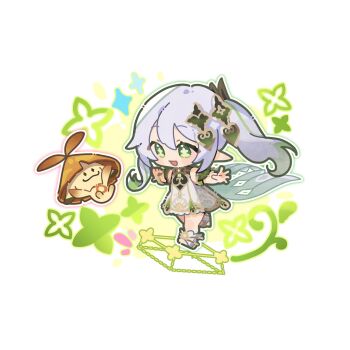 1girl aranara_(genshin_impact) chibi cross-shaped_pupils detached_sleeves dress genshin_impact gradient_hair green_eyes green_hair hair_between_eyes hair_ornament happy high_side_ponytail highres jumping leaf_hair_ornament long_hair looking_down magic multicolored_hair nag_nag_naji nahida_(genshin_impact) open_hand open_mouth pointy_ears side_ponytail sidelocks simple_background socks solo sparkle square streaked_hair symbol-shaped_pupils white_background white_dress white_hair white_socks