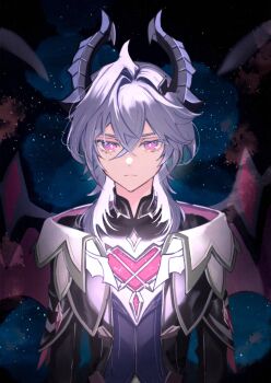 Rule 34 | 1boy, absurdres, arpot, black horns, capelet, collared shirt, commentary request, crossed bangs, dragon boy, dragon horns, dragon wings, genshin impact, highres, horns, long sleeves, looking at viewer, male focus, mandarin collar, medium hair, mini durin (genshin impact), mini durin (human) (genshin impact), purple hair, shirt, sky, solo, star (sky), starry sky, upper body, wings