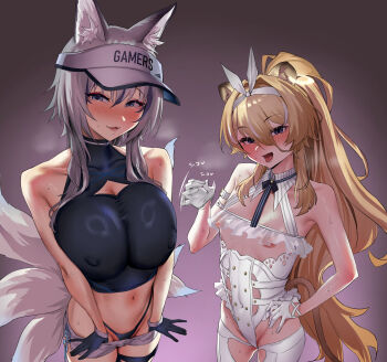 2girls absurdres animal_ears black_gloves blonde_hair blue_eyes breasts commentary_request covered_erect_nipples fellatio_gesture fox_ears fox_girl fox_tail gloves grey_eyes grey_hair highres huge_breasts inari_iroha lion_ears lion_tail long_hair looking_at_viewer multiple_girls nipples noripro paid_reward_available ponytail regrush_lionheart sanuki_(kyoudashya) simple_background small_breasts smile tail virtual_youtuber visor_cap white_gloves