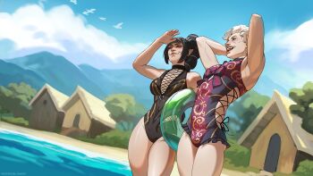 Rule 34 | 1boy, 1girl, absurdres, arm up, arms behind head, arms up, astarion, baldur's gate, baldur's gate 3, bare legs, bare shoulders, beach, black choker, black hair, black one-piece swimsuit, blue sky, blunt bangs, blush, bow, bulge, choker, closed mouth, cloud, criss-cross straps, day, dungeons & dragons, fang, highres, light smile, long hair, multicolored swimsuit, one-piece swimsuit, open mouth, outdoors, pointy ears, poofroom fanart, red eyes, shading face, shadowheart (baldur's gate), short hair, sidelocks, sky, swimsuit, tongue, vampire, white hair