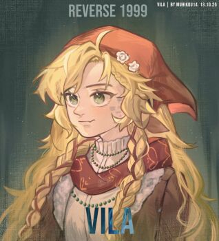 1girl artist_name bead_necklace beads blonde_hair brown_jacket commentary copyright_name dated english_commentary fang flower green_eyes grey_background hair_flower hair_ornament headscarf highres jacket jewelry long_hair muhi_kou necklace red_headscarf red_scarf reverse:1999 revision scales scarf shirt skin_fang smile solo upper_body vila_(reverse:1999) white_flower white_shirt