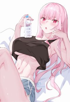 1girl absurdres bare_shoulders black_tank_top blue_shorts blush bottle breasts commentary highres hololive hololive_english kamiya_maneki large_breasts long_hair looking_at_viewer mori_calliope navel open_mouth pink_eyes pink_hair plastic_bottle shorts signature solo stomach symbol-only_commentary tank_top thighs twitter_username underboob virtual_youtuber water_bottle