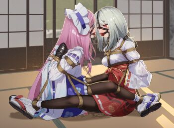 2girls arms_behind_back ball_gag bdsm black_pantyhose bondage bound bound_ankles bound_arms bound_breasts bound_legs bound_together bound_torso bound_wrists commentary_request drooling egg_vibrator female_focus forced_orgasm gag gag_harness gagged grey_hair hairband hakama highres indoors japanese_clothes kimono linked_collar michi_(philroad) multiple_girls neglect_play on_floor original pantyhose pink_hair purple_eyes pussy_juice pussy_juice_puddle pussy_juice_trail red_eyes remote_control_vibrator restrained reverse_prayer saliva saliva_trail sandals shibari shibari_over_clothes sitting skindentation socks socks_over_pantyhose tabi tape taped_hands tatami tearing_up variant_set vibrator vibrator_under_clothes wiffle_gag zouri