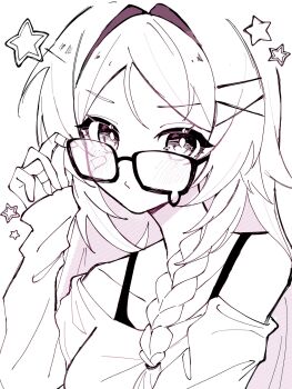 Rule 34 | 1girl, adjusting eyewear, alternate costume, bandaid, bandaid on finger, bandaid on hand, bare shoulders, braid, citlali (genshin impact), commentary request, genshin impact, glass, grey hair, hair intakes, hair ornament, hairclip, highres, long hair, looking at viewer, multiple hair clips, off shoulder, solo, watari 0208, white background
