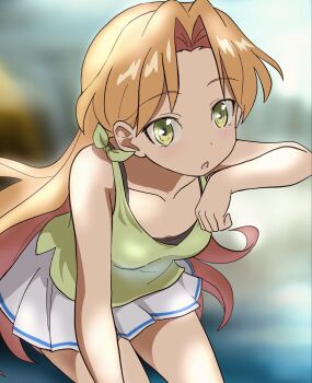 1girl black_bow blonde_hair blurry blurry_background bow bra collarbone feet_out_of_frame green_eyes green_shirt highres long_hair long_sleeves looking_at_viewer open_mouth ruri_no_houseki shirt skirt solo standing tanigawa_ruri underwear white_skirt xiaomei92835