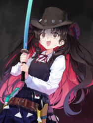 Rule 34 | 1girl, aged down, black dress, black hair, breasts, brown hat, coffeekite, cowboy hat, crying, dress, fate/grand order, fate (series), gun, hat, highres, ishtar (fate), katana, long hair, long sleeves, multicolored hair, open mouth, parted bangs, red hair, shirt, small breasts, solo, space ishtar (fate), sword, two-tone hair, two side up, weapon, white shirt