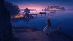 Rule 34 | 1girl, backpack, bag, blue sky, bridge, brown hair, building, city, cityscape, cloud, cloudy sky, dress, evening, from behind, gradient sky, highres, horizon, island, long hair, original, outdoors, plant, pochi (poti1990), purple sky, revision, scenery, sky, streetcar, tree, twilight, water, white dress