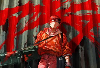 Rule 34 | 1boy, abaraya, akira (manga), black hair, closed mouth, frown, gloves, highres, holding, holding weapon, jacket, kaneda shoutarou (akira), looking at viewer, male focus, paint splatter, paint splatter on face, pants, red gloves, red jacket, red pants, short hair, solo, standing, weapon