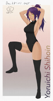 1girl absurdres armpits bleach breasts dark-skinned_female dark_skin full_body groin hair_ornament hair_ribbon highres huge_filesize large_breasts long_hair looking_at_viewer ponytail ribbon shihouin_yoruichi smallspoonsalt solo thighhighs