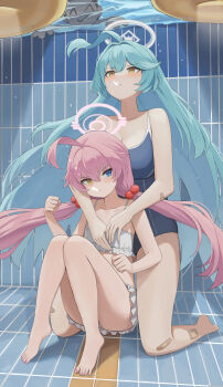 1boy 2girls absurdres abydos_high_school_swimsuit ahoge aqua_hair bandaid bandaid_on_arm bandaid_on_leg bikini blue_archive breasts dolri doodle_sensei_(blue_archive) frilled_bikini frills hair_bobbles hair_ornament halo heterochromia highres holding_breath hoshino_(blue_archive) hoshino_(swimsuit)_(blue_archive) huge_ahoge large_breasts low_twintails multiple_girls official_alternate_costume pink_hair pink_halo pool sensei_(blue_archive) submerged swimsuit twintails underwater white_bikini yellow_halo yume_(blue_archive)
