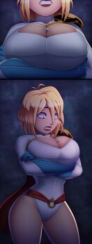 1girl absurdres between_breasts blonde_hair blue_eyes breasts cape cleavage cleavage_cutout clothing_cutout curvy dc_comics earth_(planet) female_focus giant giantess gloves highres large_breasts leotard lips planet power_girl ravenravenraven short_hair solo thick_thighs thighs