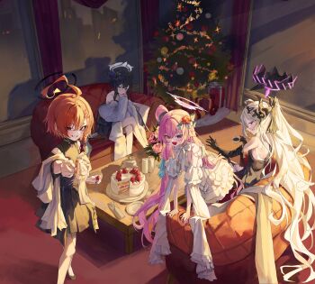 4girls absurdres ahoge alternate_costume alternate_hairstyle black_hair black_halo blue_archive breasts butterfly_hair_ornament christmas christmas_tree coffee coffee_mug commentary cup demon_girl demon_horns double_bun english_commentary fang hair_bun hair_ornament halo heterochromia highres hina_(blue_archive) horns hoshino_(blue_archive) indoors kisaki_(blue_archive) long_hair looking_at_viewer mug multiple_girls neru_(blue_archive) pink_hair pink_halo purple_eyes red_eyes red_hair rosu_1109 sitting small_breasts standing table textless_version twintails very_long_hair white_hair