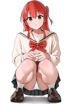 1girl absurdres ass blush bocchi_the_rock! bow bowtie brown_cardigan brown_shoes cardigan crotch_seam dot_nose full_body green_eyes grey_skirt hair_between_eyes highres kita_ikuyo loafers long_hair long_sleeves looking_at_viewer magurotatakighn one_side_up open_mouth panties pantyshot picot_trim_panties pleated_skirt red_bow red_bowtie red_hair sailor_collar school_uniform serafuku shoes simple_background skirt socks solo squatting thighs underwear white_background white_panties white_socks yellow_eyes