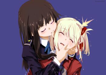 2girls biting biting_ear blonde_hair blue_background blue_dress blue_ribbon blush brown_hair closed_eyes commentary dress hair_ribbon hand_on_another&#039;s_face highres inoue_takina long_hair lycoris_recoil lycoris_uniform multiple_girls neck_ribbon nishikigi_chisato one_side_up red_dress red_ribbon ribbon sengoku_chidori simple_background trembling yuri