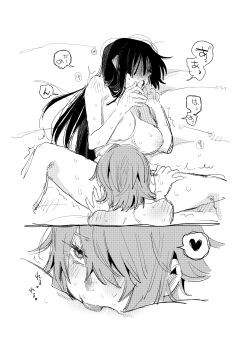 2girls absurdres akiyama_mio breasts commentary_request completely_nude cunnilingus greyscale hand_on_another's_thigh heart highres k-on! large_breasts long_hair monochrome multiple_girls nishizumi_miho nude oral pussy short_hair speech_bubble spoken_heart suzuo_(zuo) sweat tainaka_ritsu tongue tongue_out translation_request trembling yuri