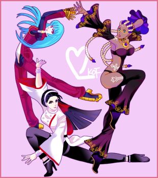 3girls black_eyes black_hair blue_hair bodypaint boots braid braided_ponytail breasts dancing dark-skinned_female dark_skin dolores_(kof) dress female_focus frozen glasses gloves gold green_eyes hairband hand_up hands_up heart heel_up ice kagura_chizuru kula_diamond large_breasts leg_up long_hair looking_at_viewer looking_back mechanical_arms multicolored_hair multiple_girls pale_skin pants purple_hair red_eyes round_eyewear skirt smile smiley_face standing standing_on_one_leg the_king_of_fighters thighs two-tone_hair white_hair zombie_perfume