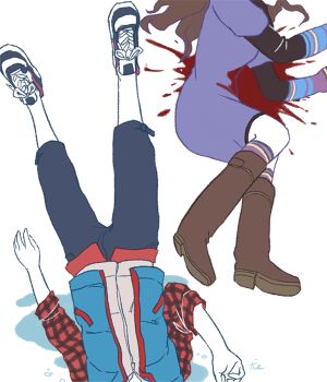 Rule 34 | 1boy, 1girl, aqua vest, bad end, black pants, black shoes, blood, blood on clothes, blood splatter, boots, brown boots, brown hair, corpse, death, dress, from above, grey hoodie, head out of frame, hood, hoodie, junpei (kyokugen dasshutsu), klatrestativ, kneehighs, kurashiki akane, kyokugen dasshutsu, kyokugen dasshutsu: 9 jikan 9 nin 9 no tobira, long hair, long sleeves, mixed-language commentary, open clothes, open vest, pants, plaid clothes, plaid shirt, purple dress, red shirt, shirt, shoelaces, shoes, simple background, socks, spoilers, vest, white background