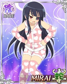 Rule 34 | 1girl, :o, black hair, border, card (medium), character name, eyepatch, fang, flat chest, game cg, hands on own hips, heart, heart print, leaning forward, long hair, looking to the side, mirai (senran kagura), mitsudomoe (shape), official art, pajamas, pink arm warmers, pink pajamas, pink shirt, pink shorts, pink thighhighs, red eyes, senran kagura, senran kagura new wave, shirt, shorts, sleeveless, solo, thighhighs, tomoe (symbol)