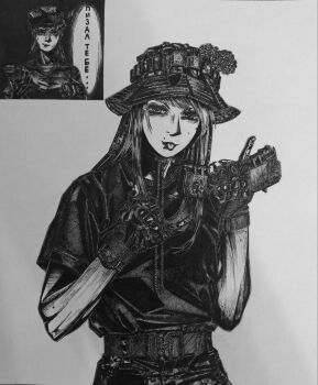 Rule 34 | 1girl, 2girls, beret, black gloves, black jacket, black shirt, bonnet, bordfunker133, camouflage, camouflage pants, digital camouflage, evgenia blinova, gloves, greyscale, hat, highres, holding, holding magazine (weapon), jacket, long hair, magazine (weapon), monochrome, multiple girls, narrowed eyes, original, pants, photo (medium), russo-ukrainian war, sasha shoshnikova, shirt, short sleeves, soldier, striped clothes, striped shirt, tactical gloves, telnyashka, tongue, tongue out, ukrainian vdv, vdv, waist belt, war in donbass