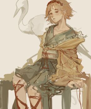 Rule 34 | 1other, androgynous, animal, bird, commentary, crane (animal), expressionless, eyelashes, feet out of frame, green hakama, green kimono, hair rollers, hairband, hakama, hakama short skirt, hakama skirt, haori, hatsburg, highres, invisible chair, jacket, japanese clothes, kimono, layered sleeves, leg ribbon, len'en, light blush, long hair, looking at viewer, nostrils, obi, orange hair, orange jacket, other focus, parted lips, realistic, red eyes, red hairband, red ribbon, ribbon, sash, short hair, short kimono, simple background, sitting, skirt, solo, waist ribbon, white background, white sash, wide sleeves, zuifeng tenkai