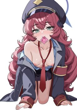 1girl absurdres bent_over black_coat black_skirt blue_archive blue_halo breasts coat collarbone commentary condom condom_in_mouth curly_hair green_eyes gubee halo hat highres iroha_(blue_archive) loli long_hair looking_at_viewer mouth_hold necktie nipples peaked_cap purple_hair red_necktie simple_background skirt small_breasts solo very_long_hair white_background