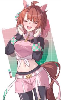 1girl absurdres ahoge animal_ears belt black_leggings black_shrug blush breasts brown_hair brown_tail commentary_request cowboy_shot dantsu_flame_(center_spotlight)_(umamusume) dantsu_flame_(umamusume) ear_covers ear_ornament hands_up highres horse_ears horse_girl horse_tail large_breasts leggings leggings_under_shorts long_sleeves midriff navel noa_82g open_mouth pink_shorts shirt shorts shrug_(clothing) smile solo stomach tail tied_shirt umamusume white_belt white_hair white_streaks