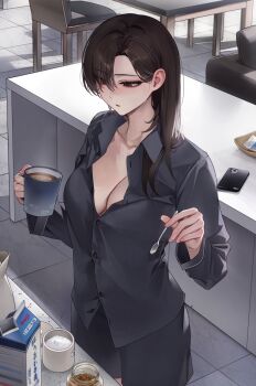 1girl black_eyes black_shirt black_shorts breasts brown_hair cellphone cleavage coffee_mug collarbone collared_shirt commentary_request cup drink_carton granulated_sugar highres holding holding_cup holding_spoon large_breasts long_hair milk_carton mug original pajamas phone sabotensuteeki shirt shorts smartphone solo spoon
