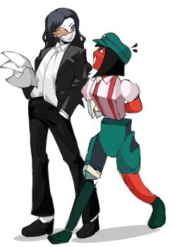 Rule 34 | arms behind back, black eyes, colored skin, coral, coral glasses, cubism, ena: dream bbq, ena (dream bbq), ena (series), ena (species), glasses, green hat, hand in pocket, hat, highres, holding, holding paper, low poly, m0nacrose, multicolored skin, necktie, paper, red skin, salesperson ena, split-color skin, two-tone skin, white necktie