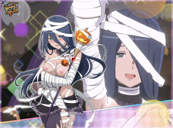 bandages blue_hair breasts cassandra_ilion dungeon_ni_deai_wo_motomeru_no_wa_machigatteiru_darou_ka embarrassed halloween heart heart-shaped_pupils large_breasts long_hair mummy mummy_costume nude_filter official_artwork_edit symbol-shaped_pupils third-party_edit vampy_squid